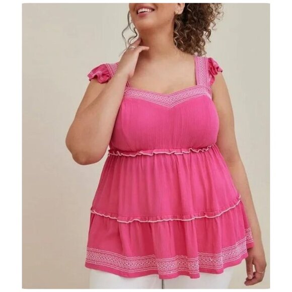 Torrid NWT $60 Babydoll Crinkle Gauze Embroidered Tiered Top Pink Women's Sz 2X - Picture 11 of 11